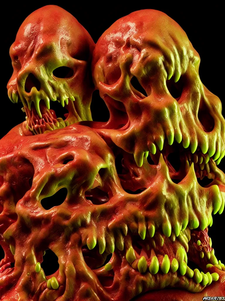 Prompt: hyperrealistic subsurface scattering rendering, fat smooth wet cronenberg flesh monster smooth skulls and ribcages kaiju by art of skinner and richard corben and jeff easley, product photography, action figure, sofubi, studio lighting, colored gels