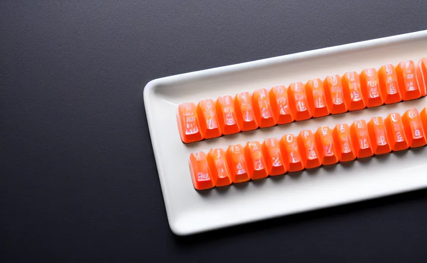 Image similar to product photography of a computer keyboard with keys made out of sushi, on a platter, studio lighting, detailed