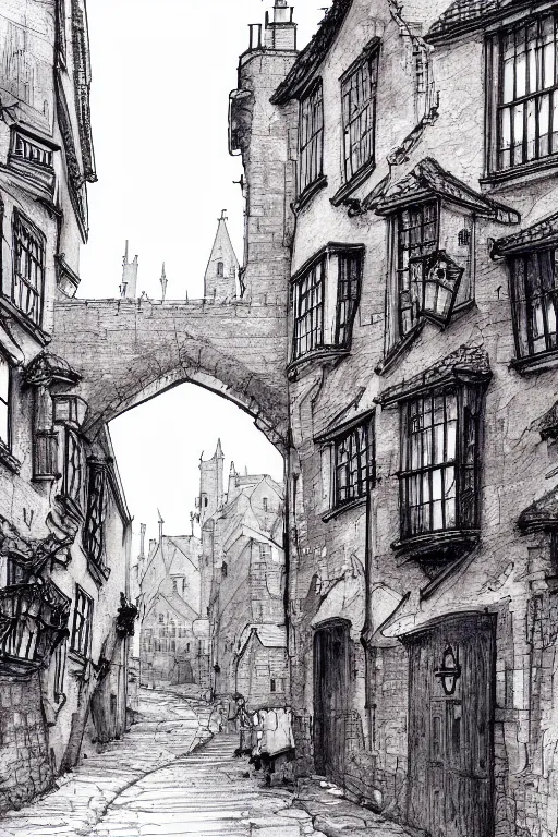 Prompt: a beautiful pen and wash sketch of the shambles and little shambles york, 8 k, frostbite 3 engine, cryengine, dof, trending on artstation, digital art, crepuscular ray,