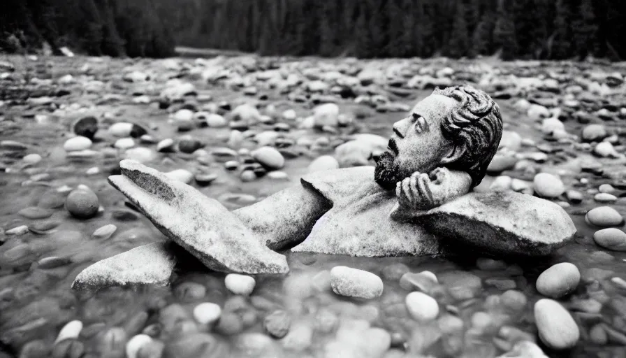 Image similar to 1 9 6 0 s movie still close up of marcus aurelius frozen to death, feets in a river with gravel and pebbles, pine forests, cinestill 8 0 0 t 3 5 mm b & w, high quality, heavy grain, high detail, texture, dramatic light, anamorphic, hyperrealistic, foggy