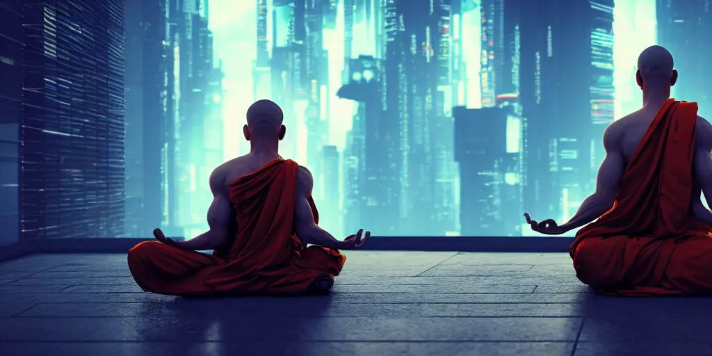 Prompt: meditating monk in cyberpunk style, ultra realistic 8 k resolution.