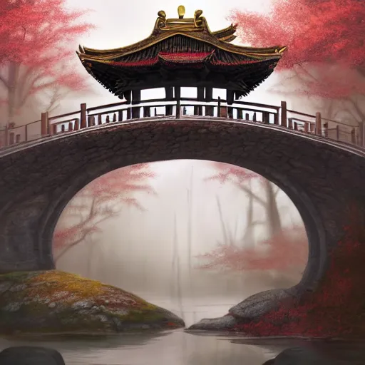 Prompt: brother grimms samurai temple bridge digital art, irina french, heraldo ortega, mandy jurgens golden ratio, art canvas, award winning, masterpiece, trending on artstation, 8 k 1 5 0 mpx