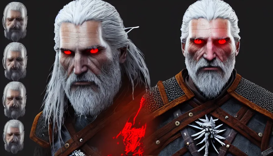 Image similar to a digital art portrait of an old pale warrior with glowing red eyes and grey beard character design from dark souls, old witcher character sheet, 4 k, ultra detail, volumetric lighting, unreal engine, octane render