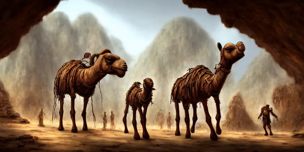 Prompt: bipedal humanoid dromedary as village merchants, temple city, caves of qud, matte oil painting, chrome, cathedral, retrofuturistic, concept art, science fantasy, mutant, rpg, epic, rust, salt, jungle, dungeons & dragons, sharp focus, award - winning, extremely detailed, 4 k, 8 k