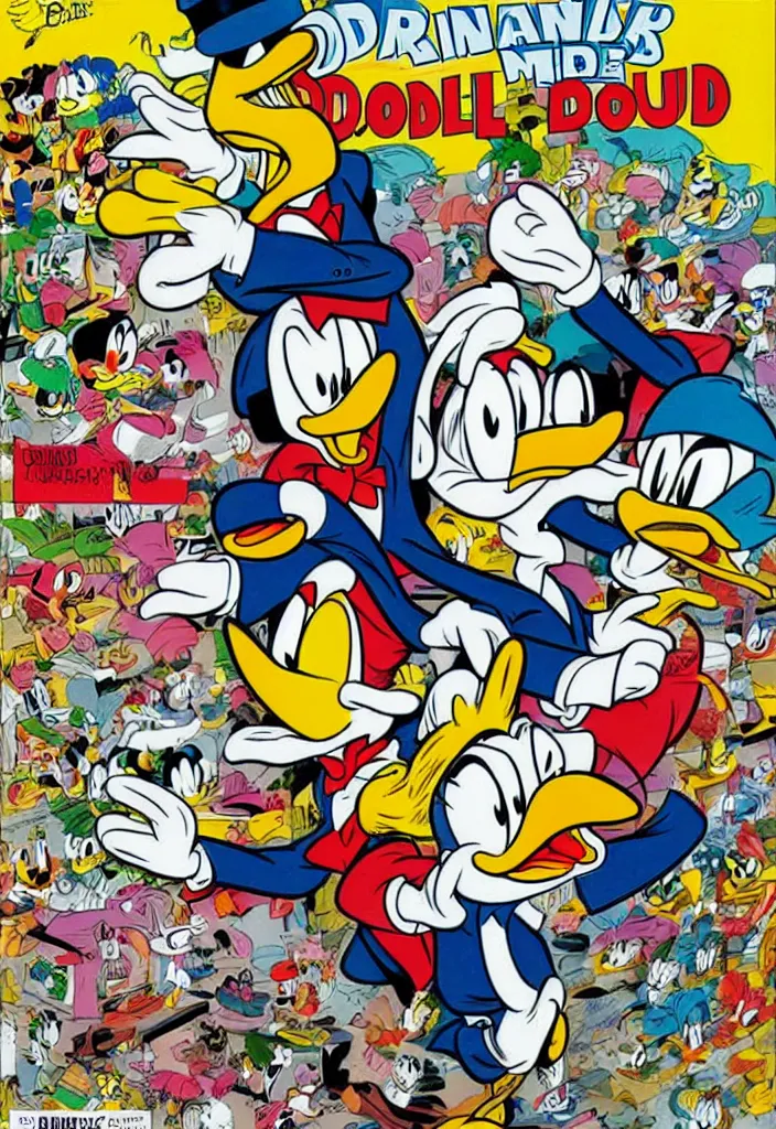 Image similar to donald duck's drug addiction, comic book cover by don rosa