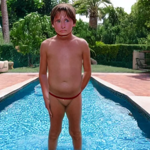 Prompt: emilio estevez with no hair standing above the water of a pool next to a house