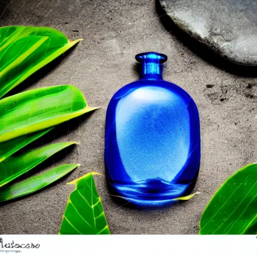 Image similar to perfume bottle on a rock floating in the blue reflective sea surrounded by big tropical leaves, fauna and flora, bright blue skies, zen, light, modern minimalist daytime f 2 0 clean and fresh