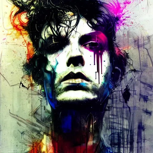 Prompt: punk man cyber dreamer glitchcore wires, machines, by jeremy mann, francis bacon and agnes cecile, and dave mckean ink drips, paint smears, digital glitches glitchart