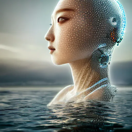 Prompt: beautiful centered Fine art photo portrait of enraptured HoYeon Jung as a solarpunk robotic humanoid emerging from water, white mechanical parts with led lights, photorealistic, white background, highly detailed and intricate, sunset lighting, HDR 8k