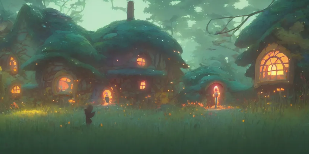 Image similar to fairy mushrooms house, moss, lianne, by cory loftis & akihiko yoshida & james gilleard & atey ghailan & makoto shinkai & goro fujita & studio ghibli, rim light, exquisite lighting, clear focus, magic atmosphere, lights, night, very coherent, plain background, soft painting