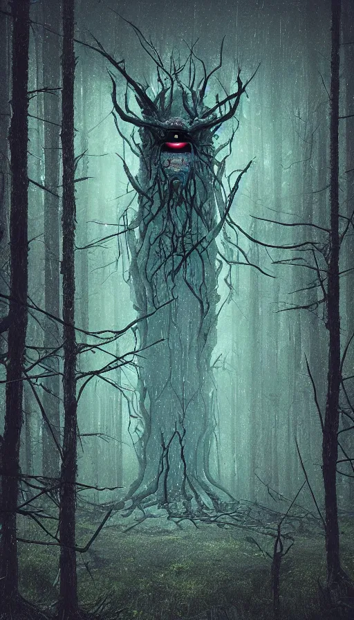 Image similar to a storm vortex made of many demonic eyes and teeth over a forest, by beeple