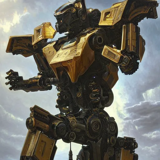 Image similar to epic painting of a realistic four - legged intricate battle robot, rule of thirds, golden ratio, subject in center of frame, trending on artstation, detailed science fiction matte painting by artgerm and greg rutkowski and alphonse mucha,