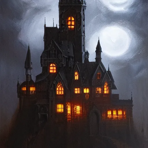 Prompt: dark and stormy eerie ornate gothic castle with lightning, extremely detailed, oil painting, 8k, trending on artstation, full moon