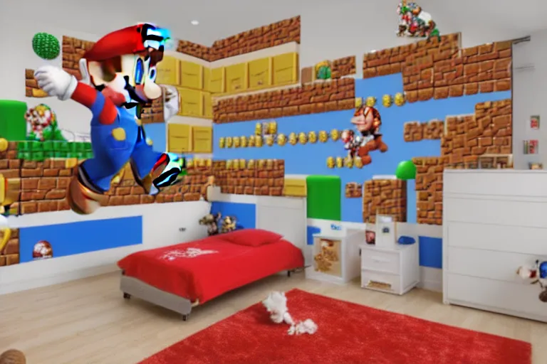 Image similar to a child's bedroom with a super mario bros mural spread across several walls, interior design, professional photography, 4 k