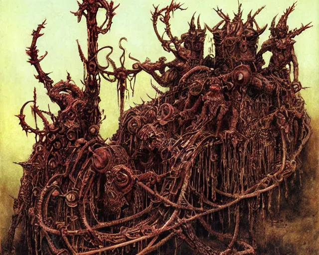 Image similar to Ancient blood-leaking cultic ritual totem made of horns and thorns, flesh and steel chains by kostnice czech, Beksinski, Arthur Rackham, Eugene de Blaas, Dariusz Zawadzki, Wayne Barlowe