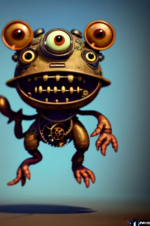 Prompt: a tiny cute steampunk monster with big eyes smiling waving, back view, isometric 3 d, ultra hd, character design by mark ryden pixar hayao miyazaki, unreal 5, daz, hyperrealistic, octane render, cosplay, rpg portrait, dynamic lighting, intricate detail, summer vibrancy, cinematic, symmetrically centered