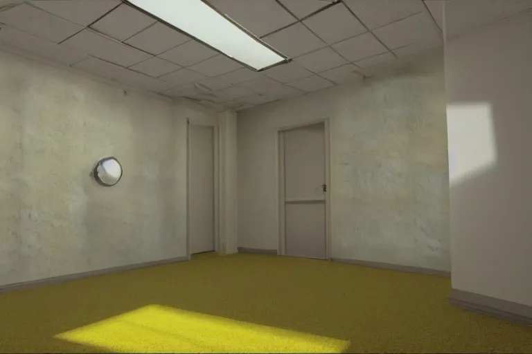 Image similar to 3 d render of jerma 9 8 5, jerma in endless halls of empty office space with worn light mono - yellow 7 0 s wallpaper, old moist carpet, and inconsistently - placed fluorescent lighting | liminal space | non - euclidean space | high octane | blender | 3 d render