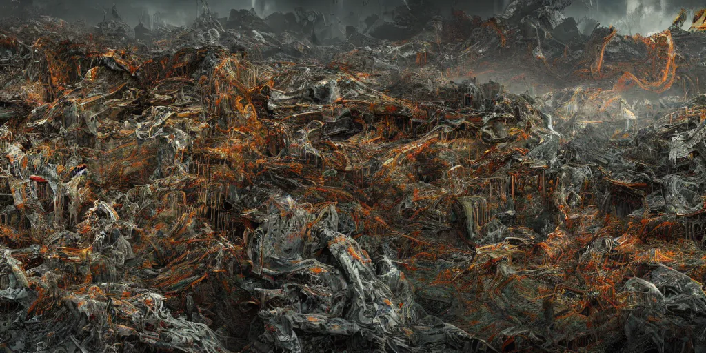 Image similar to ruination, outright devastation, landscape, intricate complexity, horror, rainbow drip paint, psychedelic glitch art, trending on art station, photoreal, 8k, octane render