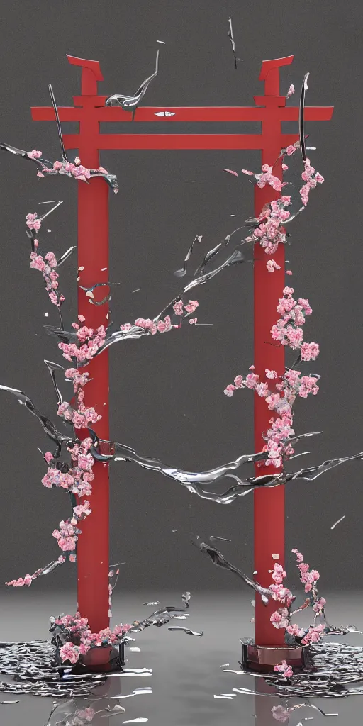 Image similar to 3 d photographic render of melting japanese torii gate and sakura flowers sculpture made of chrome, chrometype, made of liquid metal, neotribal with thorns and thunders, cyberpunk, raytracing, fov, hyper realistic, volumetric lightning, 8 k, by zhelong xu and ouchh studio