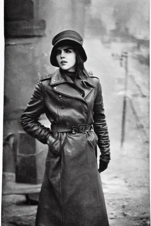 Image similar to photograph of soviet chekist comrade emma watson, standing in a long leather coat, vintage revolution photograph, famous photo from kgb archives