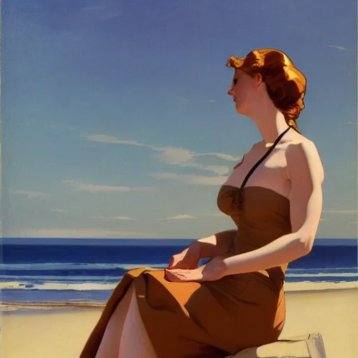 Prompt: woman on the beach by leyendecker