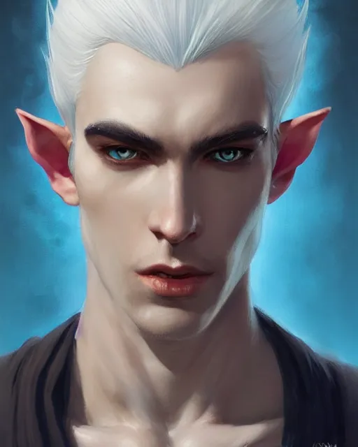 Image similar to character portrait of a slender young half elven man with white hair and eyebrows, piercing bright blue eyes, and pale bluish skin, by greg rutkowski, mark brookes, jim burns, tom bagshaw, trending on artstation