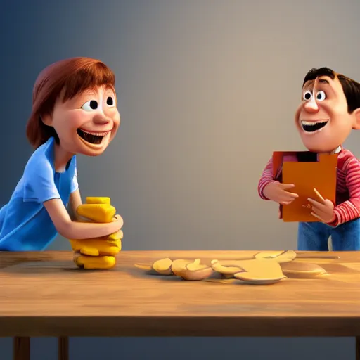 Image similar to illustration of two happy people exchanging items, pixar - style, 3 d render