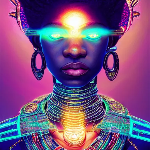 Image similar to highly detailed portrait of an african neon egyptian goddess, intricate alien technology, stephen bliss, unreal engine, fantasy art by greg rutkowski, loish, rhads, ferdinand knab, makoto shinkai and lois van baarle, ilya kuvshinov, rossdraws, tom bagshaw, global illumination, radiant light, detailed and intricate environment