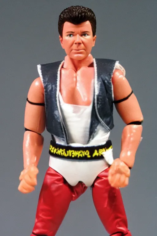 Image similar to rick astley as a 1 9 8 0 s wrestling action figure, explosion background