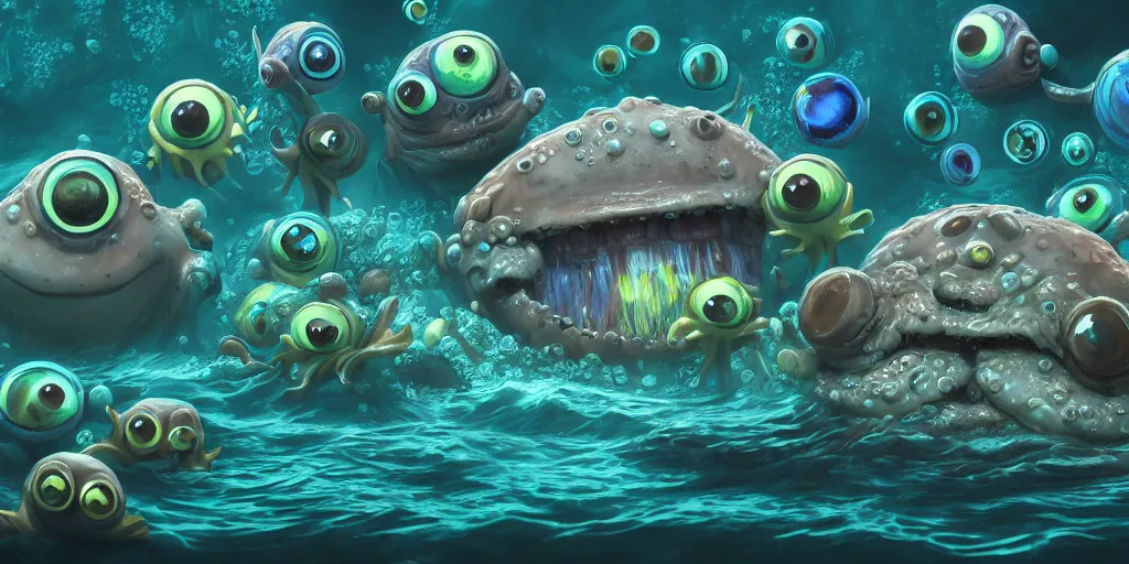 Prompt: underwater intricate murky seabed with strange cute friendly marine creatures with huge eyes, long tongue, round teeth and funny face appearing from the water, in the style of craola, macro lens, shallow depth of field, highly detailed, digital painting, trending artstation, concept art, illustration, cinematic lighting, vibrant colors, photorealism, epic, octane render