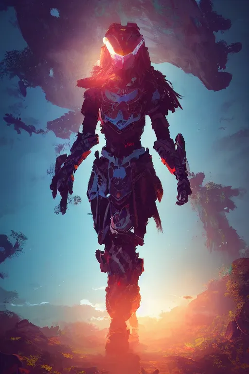 Image similar to combination suit armor aloy horizon forbidden west horizon zero dawn radiating a glowing aura global illumination ray tracing hdr fanart arstation by ian pesty and alena aenami artworks in 4 k tribal robot ninja mask helmet backpack