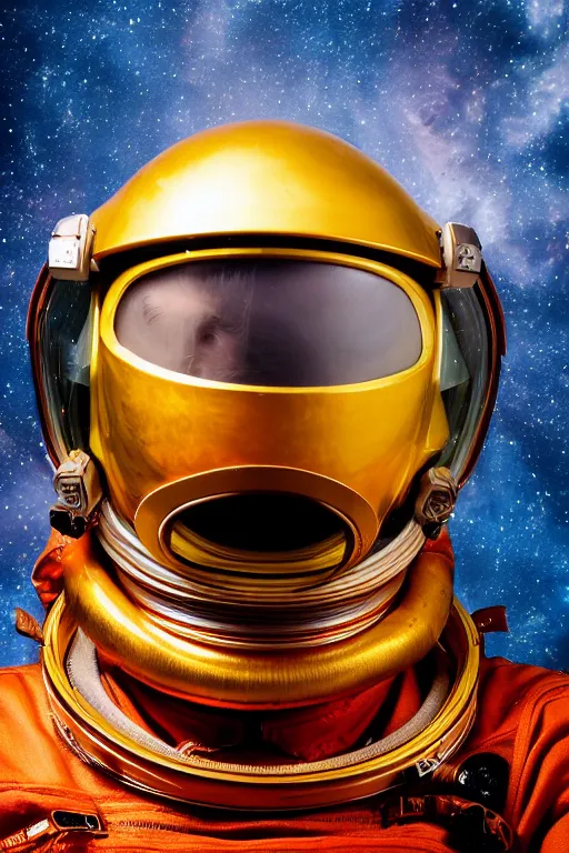 Image similar to extremely detailed studio portrait of space astronaut, tentacle coming out of mouth, helmet is off, helmet i in lap, full body, soft light, golden glow, award winning photo by nasa