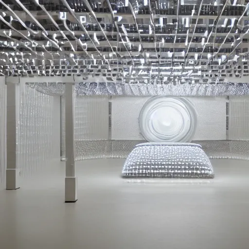 Image similar to a Nike vapormax shoe Made out of white plastic panels with rivets and joints like a cyborg mecha with spring suspension coils under sole designed by Vitaly Bulgarov. Inside a gallery. Doug Aitken style installation