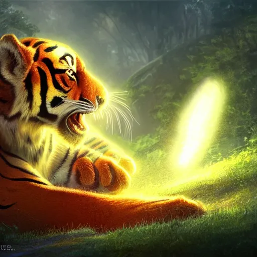 Image similar to adorable glowing tiger, trending on art station, cute, big eyes, matte painting, concept art, pixar, disney, highly detailed, cinematic composition, unreal engine, sharp focus, realistic