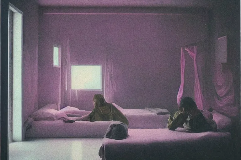 Image similar to IKEA catalogue photo, vaporwave teenage bedroom by Beksiński