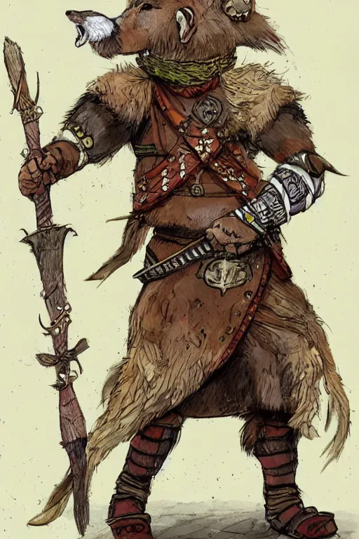 Prompt: full body character concept art of Eoghaill of the Murine Hordes, a La Tene Culture Celtic chieftain and warrior, resplendent and proud of bearing. Has a one-eyed rat as a familiar. Eoghaill is the leader of an Comlagh Naomh a group of Iron Age mercenaries.