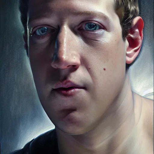 Image similar to highly detailed oil painting | very intricate | cinematic lighting | award - winning | portrait of cyborg mark zuckerberg | by roberto ferri, by tom bagshaw, by j. c. leyendecker and klimt, american romanticism, by austin osman spare, artstation, cgsociety, official art, octane