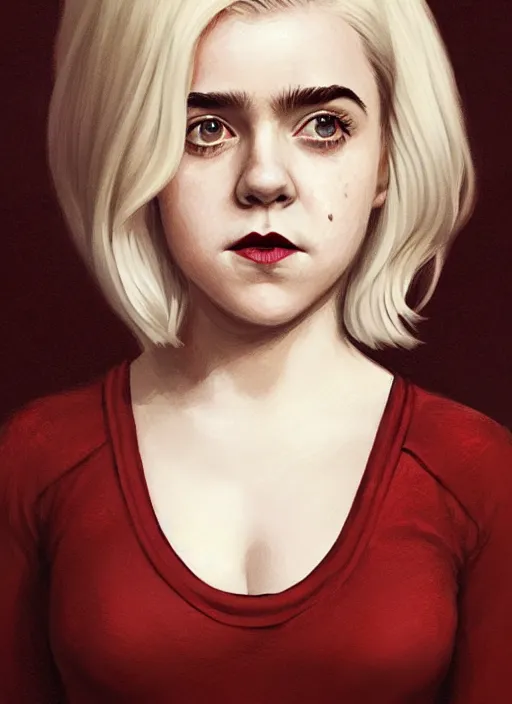 Image similar to full body portrait, kiernan shipka as sabrina spellman, white hair, obese, bangs, sultry, realistic, sultry smirk, fluffy bangs, freckles, fat, belly, intricate, elegant, highly detailed, digital painting, artstation, concept art, smooth, sharp focus, illustration, art by wlop, mars ravelo and greg rutkowski