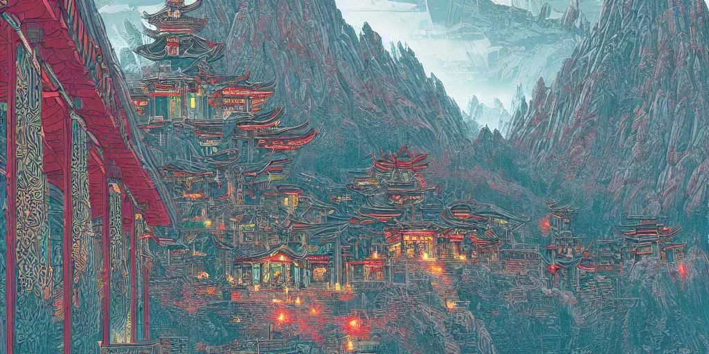 Prompt: Cyberpunk Dzogchen Mountain Temple, by Kilian Eng and Dan Mumford