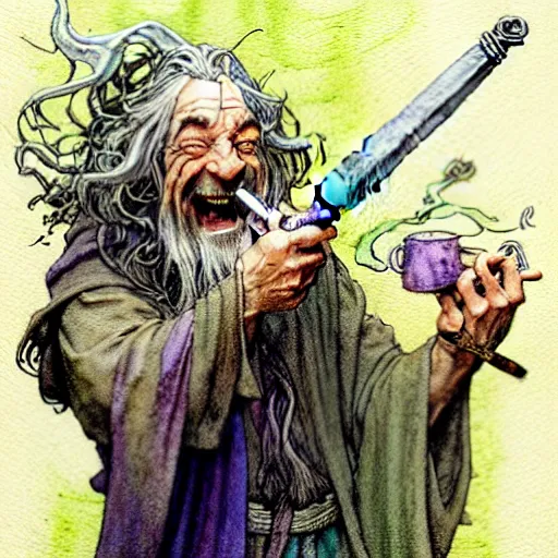 Prompt: a realistic and atmospheric watercolour fantasy character concept art portrait of gandalf with bloodshot eyes laughing and smoking weed out of his pipe by rebecca guay, michael kaluta, charles vess and jean moebius giraud