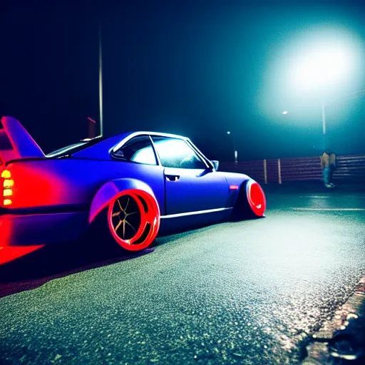 Prompt: a car S30 turbo drift at illegal car meet, Gunma prefecture, midnight mist lights, cinematic color, photorealistic, highly detailed wheels, highly detailed