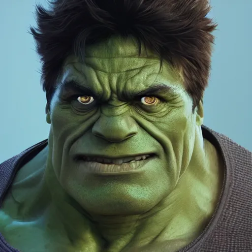 Image similar to the hulk with normal human skin, au naturel, hyper detailed, digital art, trending in artstation, cinematic lighting, studio quality, smooth render, unreal engine 5 rendered, octane rendered, art style by klimt and nixeu and ian sprigger and wlop and krenz cushart