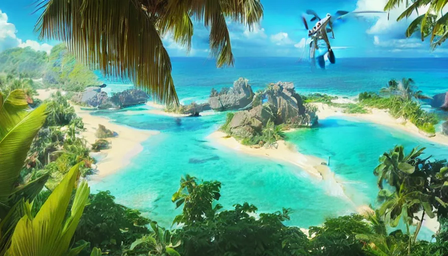 Image similar to tropical island with palms, drone view, top lighting, art by artgerm and charlie bowater and wenjun lin and gil elvgren, ilya kuvshinov, mary jane ansell, cryengine, lumion render, 8 k realistic, hyper detailed, digital painting, artstation, concept art, ray tracing, realistic shaded