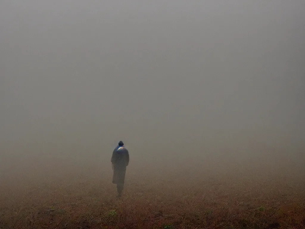 Prompt: heavy mist initiates a process of the world turning into a rustscape of nonbeing, the inimitable void of mind