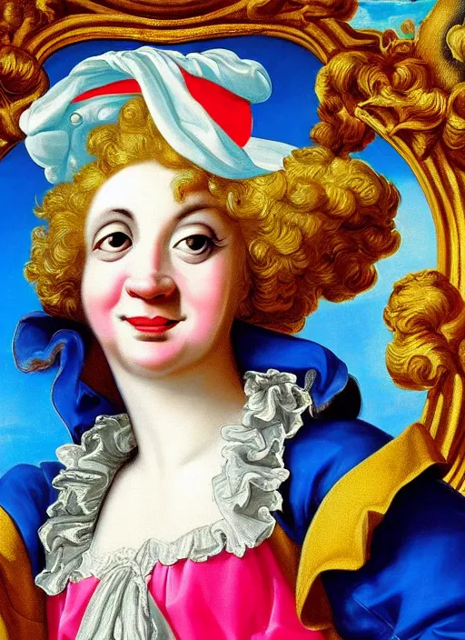 Prompt: baroque rococo painting Royal Fancy Jester clown male Hildebrandt Lisa Frank high detail cute adorable whimsical up close clown jester hat