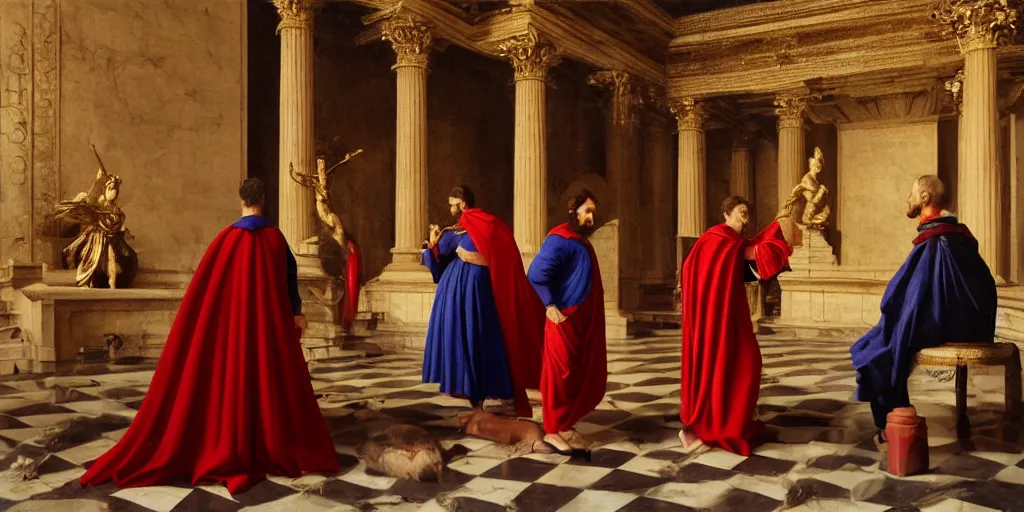 Image similar to beautiful oil matte portrait painting, men dressed in red capes and golden ornaments arguing inside a roman temple, wonderful masterpiece highly detailed, beautiful cinematic light deep focus, elegant, digital painting, smooth, sharp focus, golden ratio, dramatic illumination, ultra realistic, 8 k, art by artemisia lomi gentileschi and caravaggio