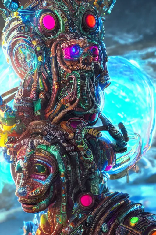 Image similar to a shamanic god made from colorful intricate alien technology in futuristic dreamscape detailed artwork, extremely detailed and high quality, global illumination, octane render, digital art trending on artstation