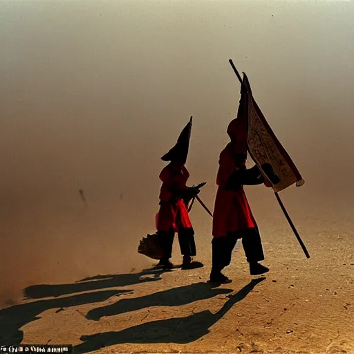 Prompt: many chinese medieval imperial troops carrying pennants examine a fiery smoking crater in the taklamakan desert, cinematic, epic, smoke, dust, particular haze,