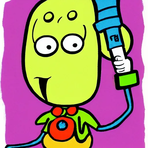 Image similar to squidward from spongebob squarepants with hair, holding a hammer, by stephen hillenburg