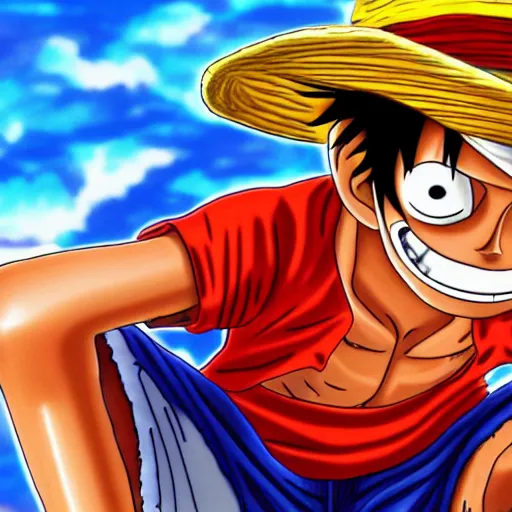 Image similar to monkey d luffy from one piece, 4 k hd, over saturated, bright colours,